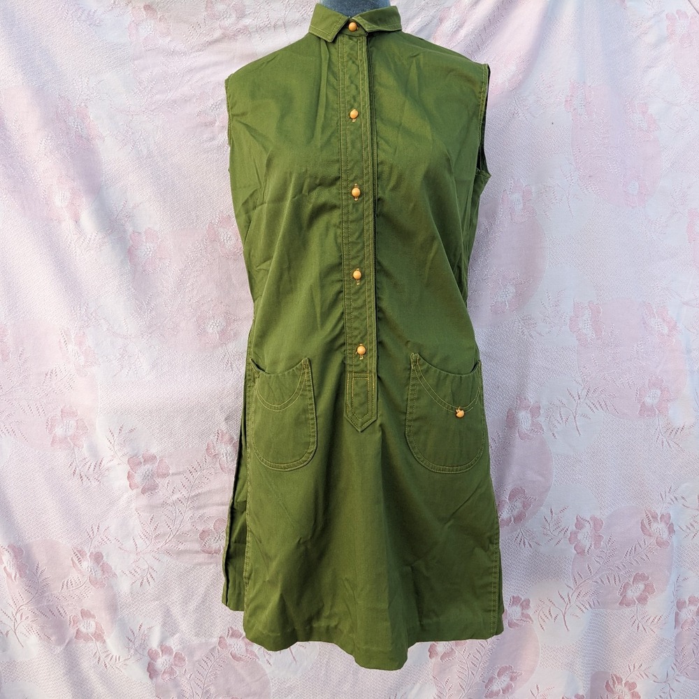 Vintage 60s 70s Mod Mini Dress M Olive Green Button Front‎ Shift Twiggy Utility